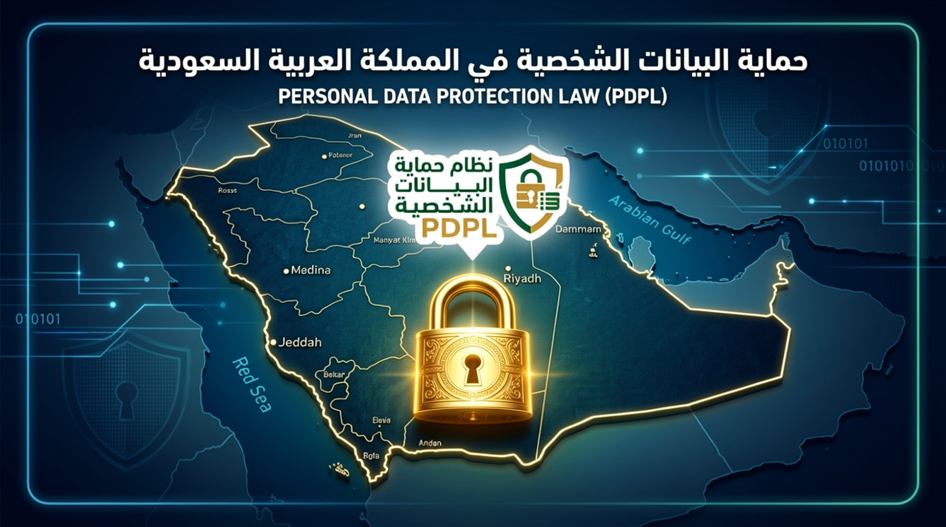 شعار نظام حماية البيانات الشخصية PDPL مع قفل أمان ذهبي وخريطة السعودية